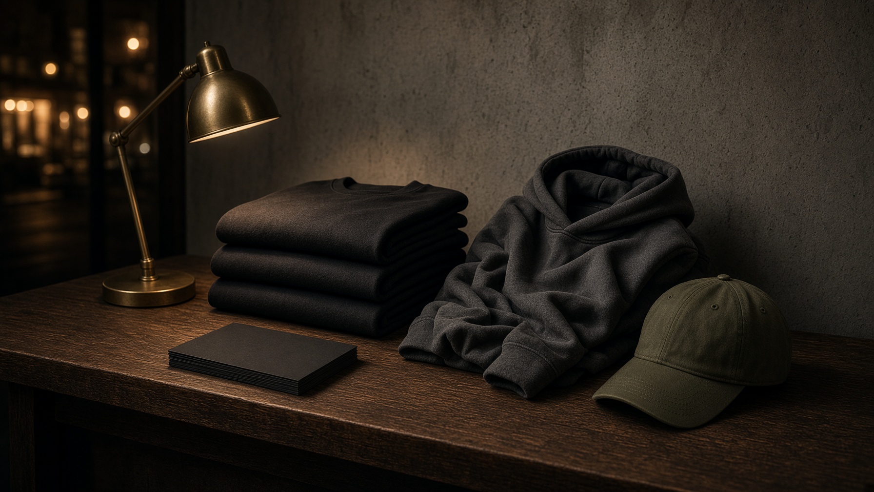 Walnut counter at night with folded black shirts, a charcoal hoodie, an olive cap, and a brass lamp